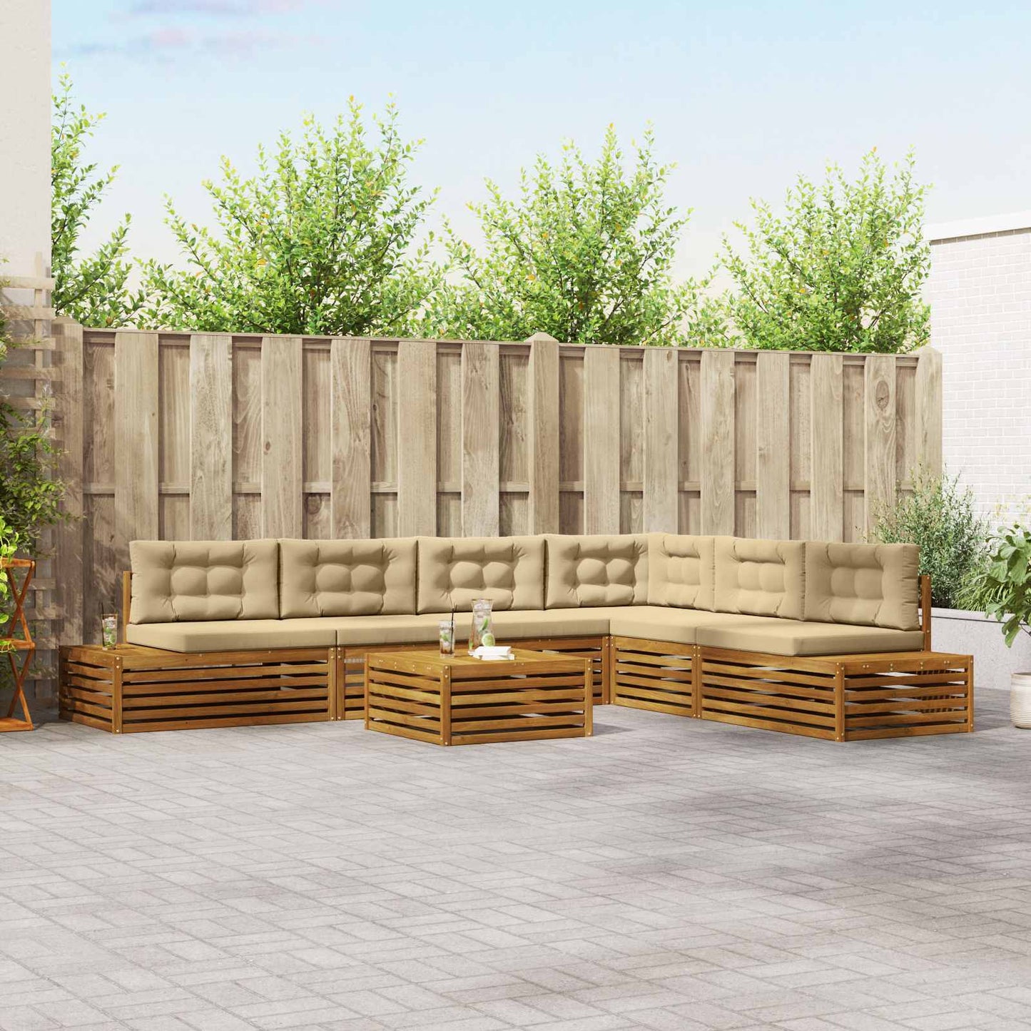 Outdoor-Sofagarnitur mit Kissen 7 Stück Natur und Beige