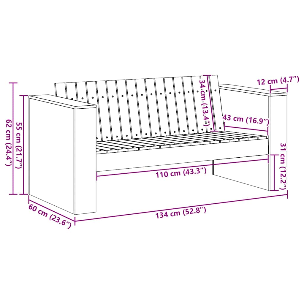 Garten-Sofa Natur 134 x 60 x 62 cm Massives Kiefernholz