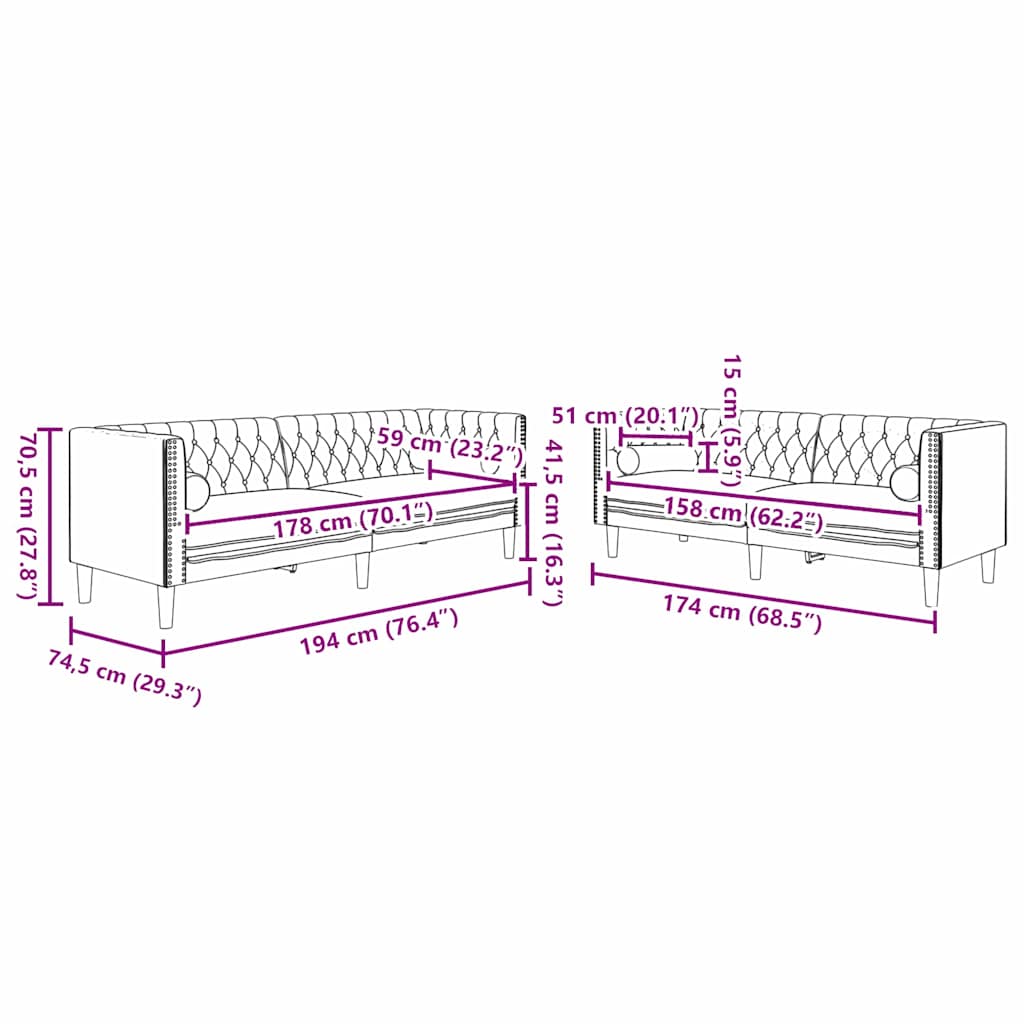 Wohnzimmer Couch 2 pcs Dunkelgrau 194 x 74,5 x 70,5 cm Samt