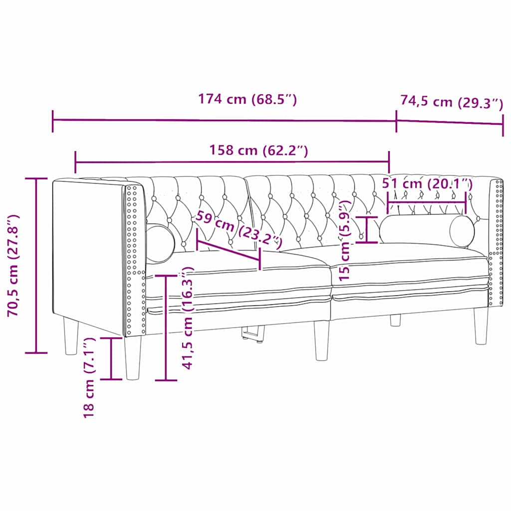 Sofa Schwarz 174 x 74,5 x 70,5 cm Samt