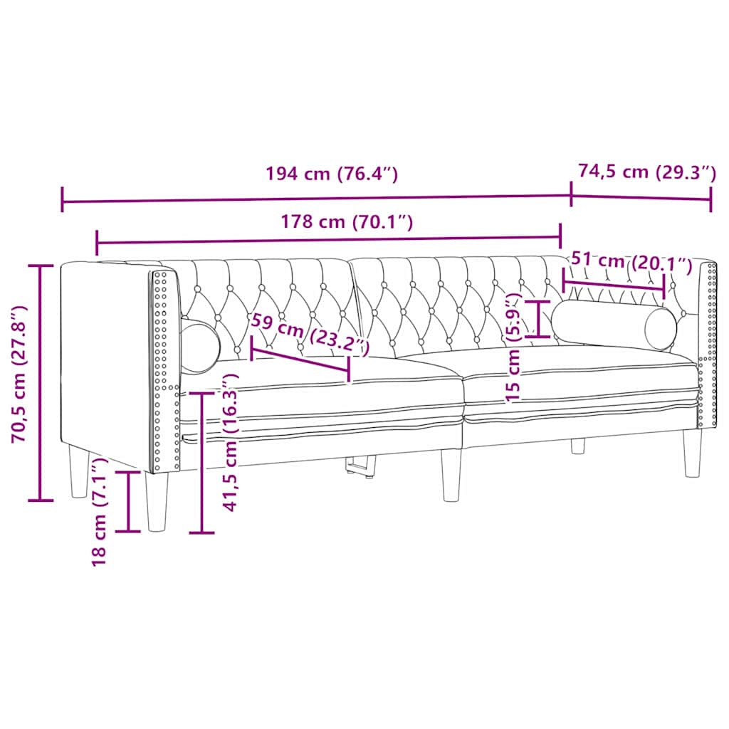 Sofa Hellgrau 194 x 74,5 x 70,5 cm Samt