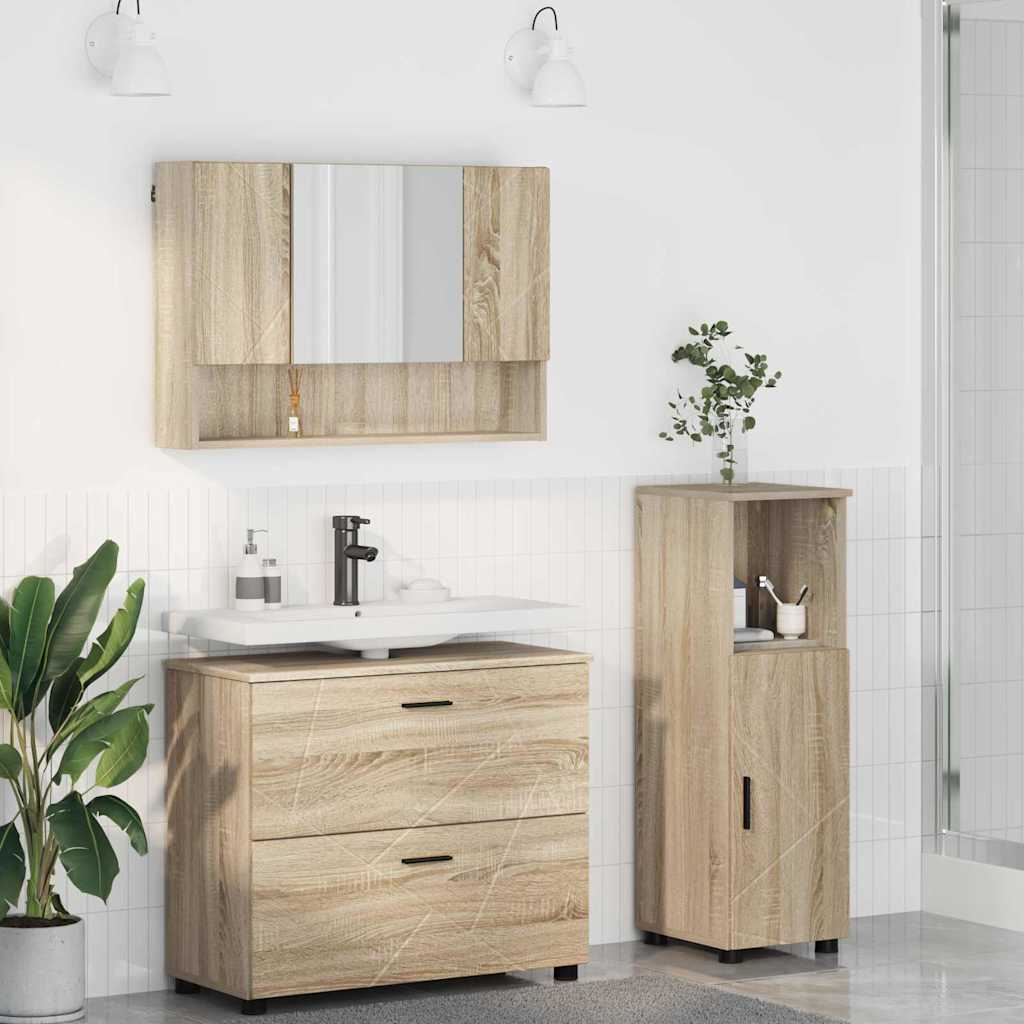 Badezimmermöbel-Set 3 pcs Sonoma-Eiche Sperrholz und Metall