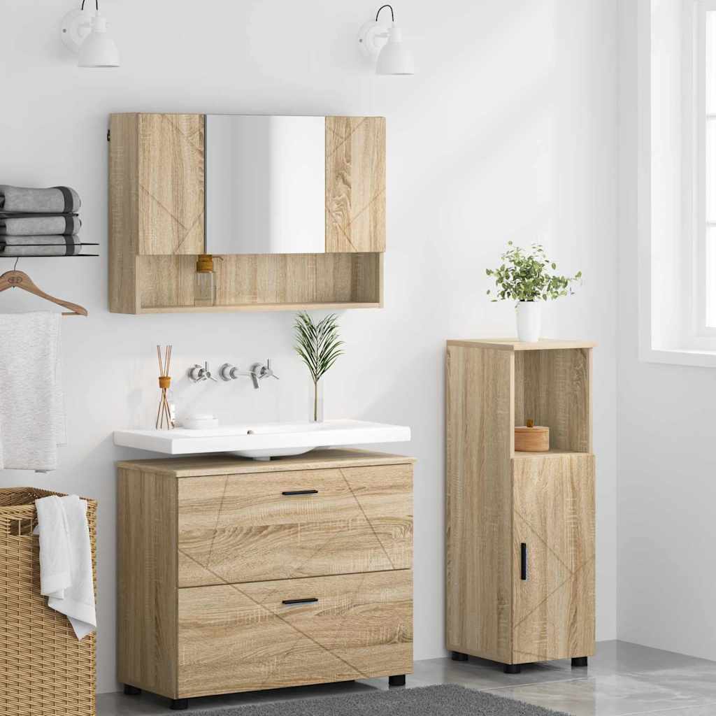 Badezimmermöbel-Set 3 pcs Sonoma-Eiche Sperrholz und Metall