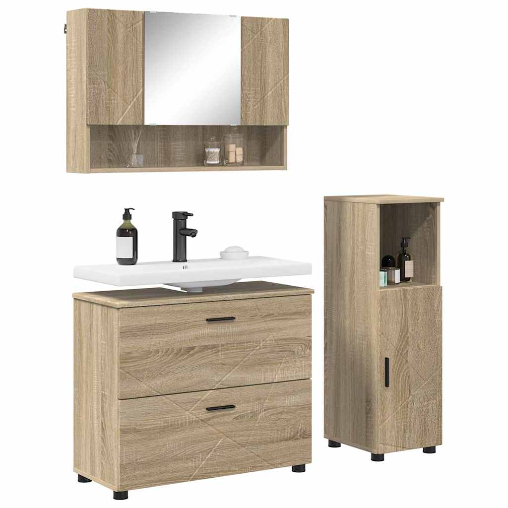 Badezimmermöbel-Set 3 pcs Sonoma-Eiche Sperrholz und Metall