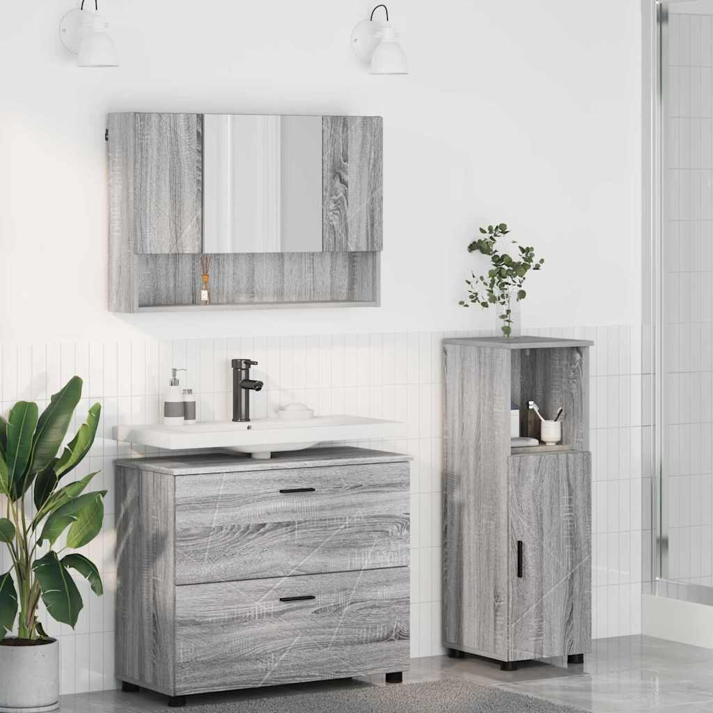 Badezimmermöbel-Set 3 pcs Graues Sonoma Sperrholz und Metall