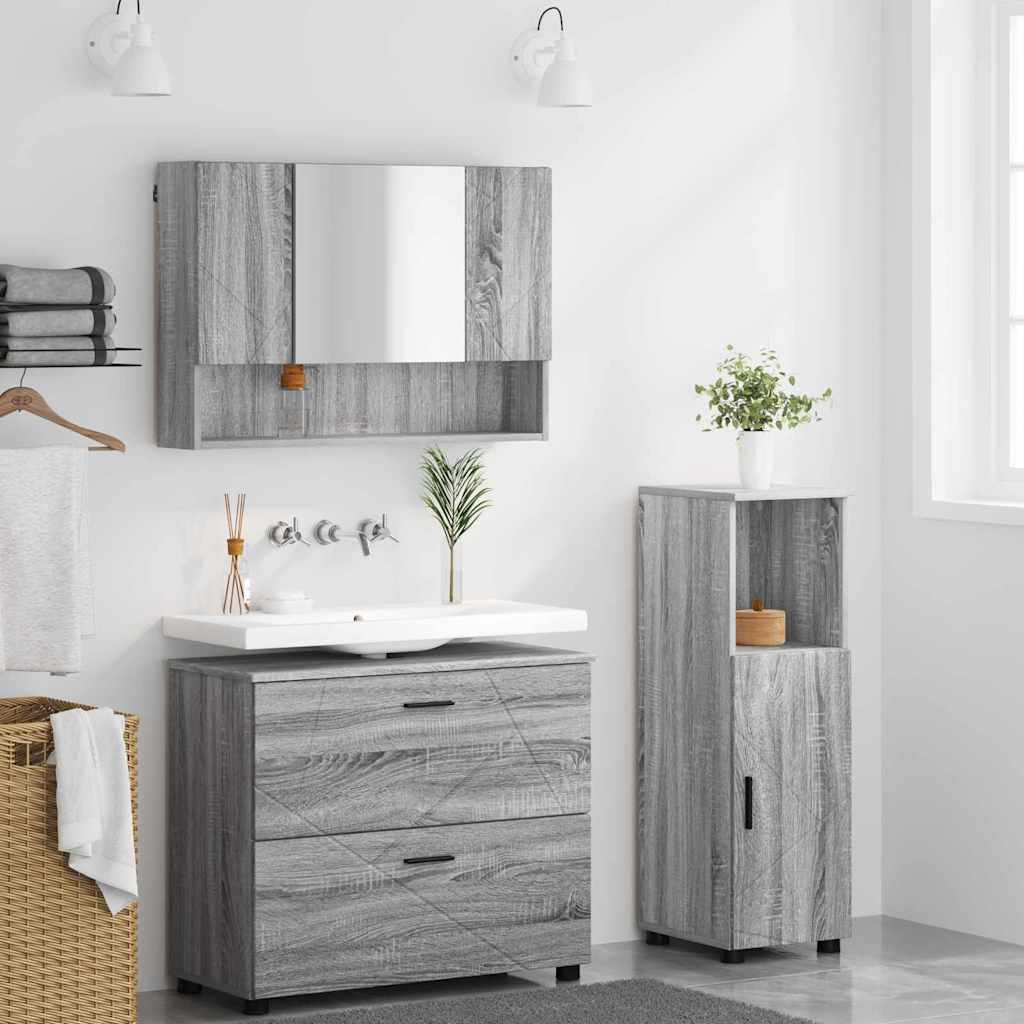 Badezimmermöbel-Set 3 pcs Graues Sonoma Sperrholz und Metall