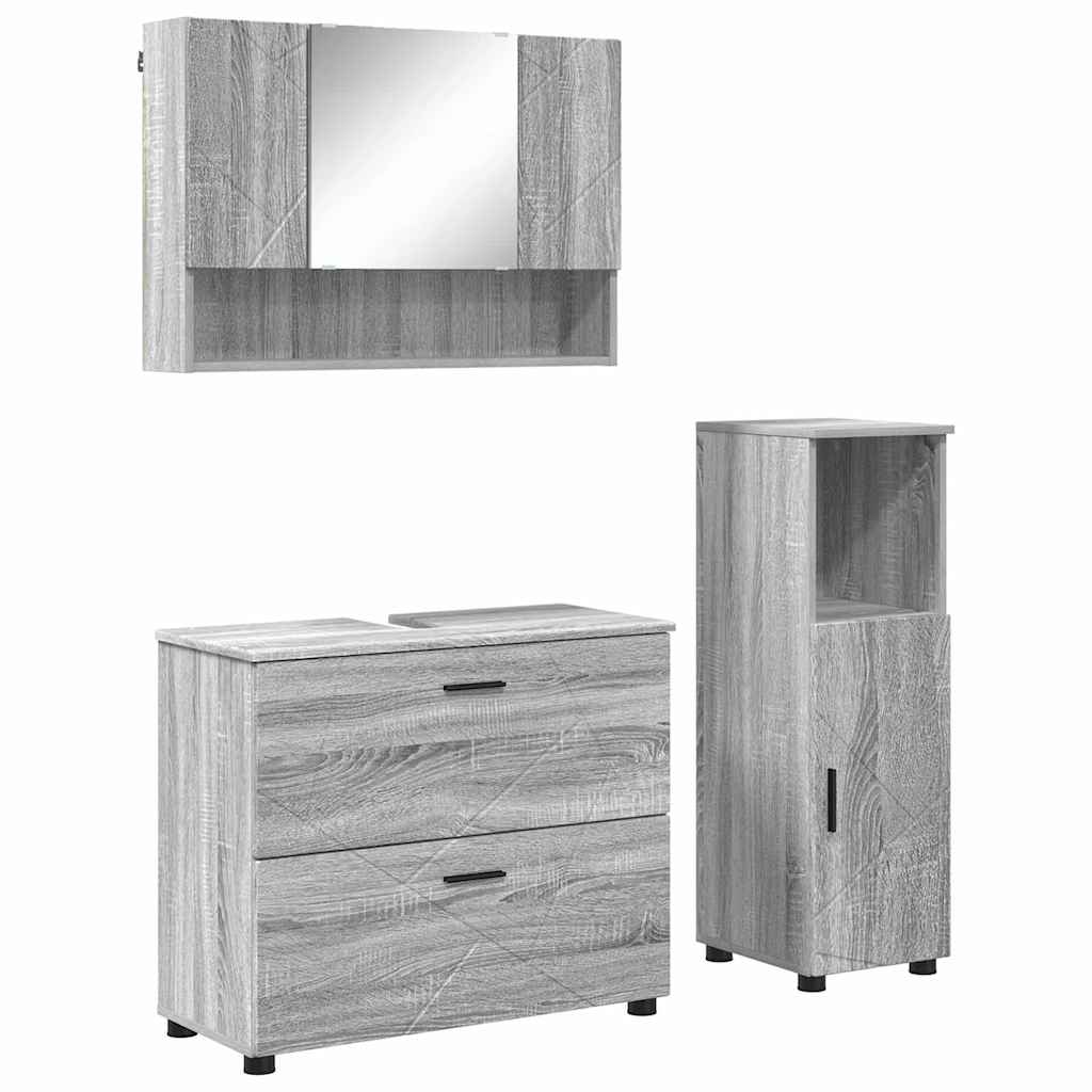 Badezimmermöbel-Set 3 pcs Graues Sonoma Sperrholz und Metall