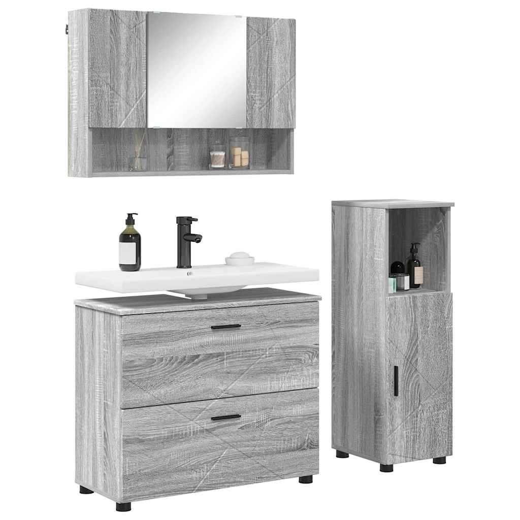 Badezimmermöbel-Set 3 pcs Graues Sonoma Sperrholz und Metall