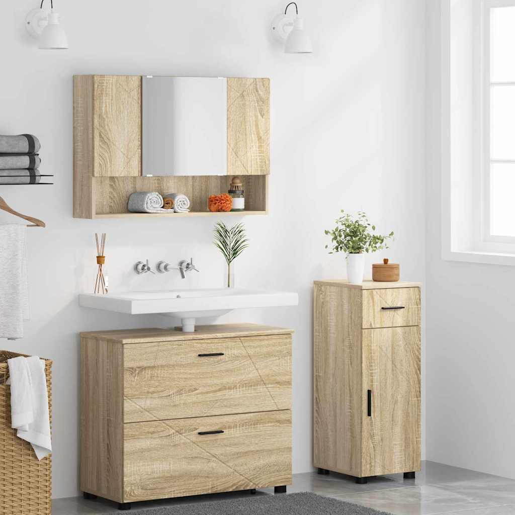 Badezimmermöbel-Set 3 pcs Sonoma-Eiche Sperrholz und Metall