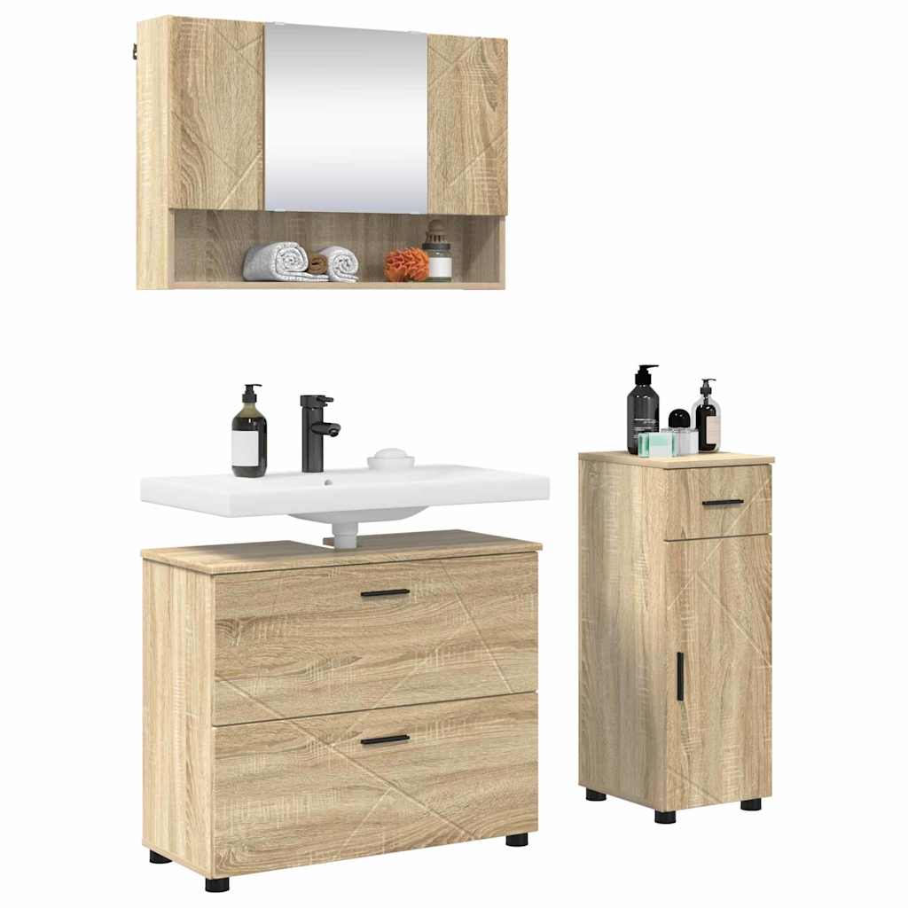 Badezimmermöbel-Set 3 pcs Sonoma-Eiche Sperrholz und Metall