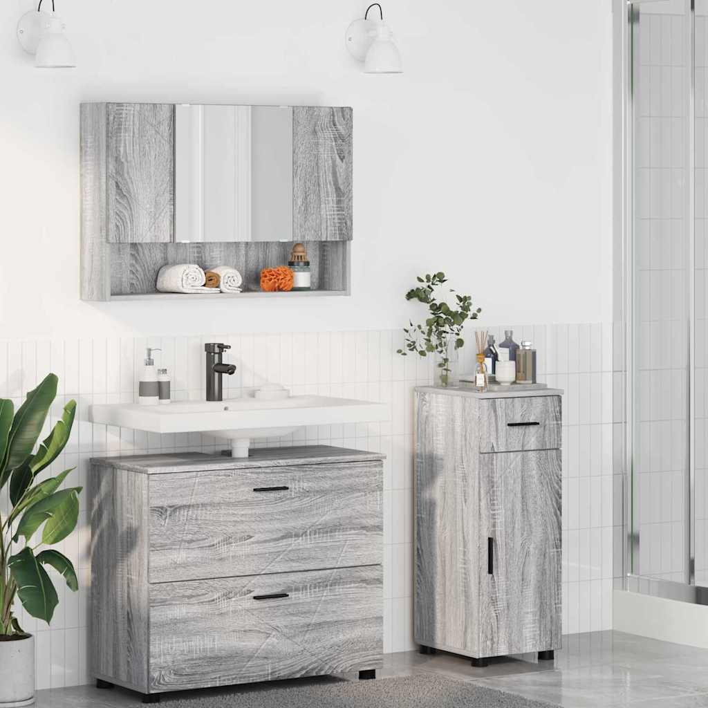 Badezimmermöbel-Set 3 pcs Graues Sonoma Sperrholz und Metall