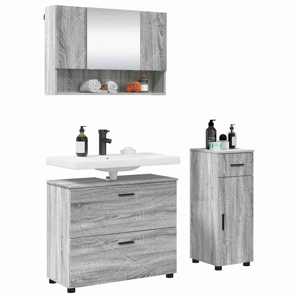 Badezimmermöbel-Set 3 pcs Graues Sonoma Sperrholz und Metall