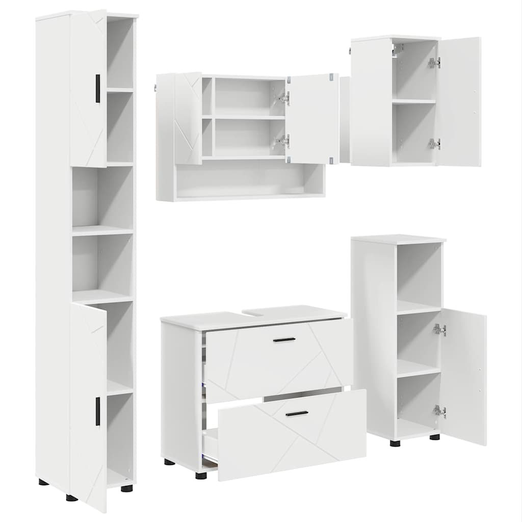 Badezimmermöbel-Set mit Regal 5 pcs Weiß Sperrholz und Metall