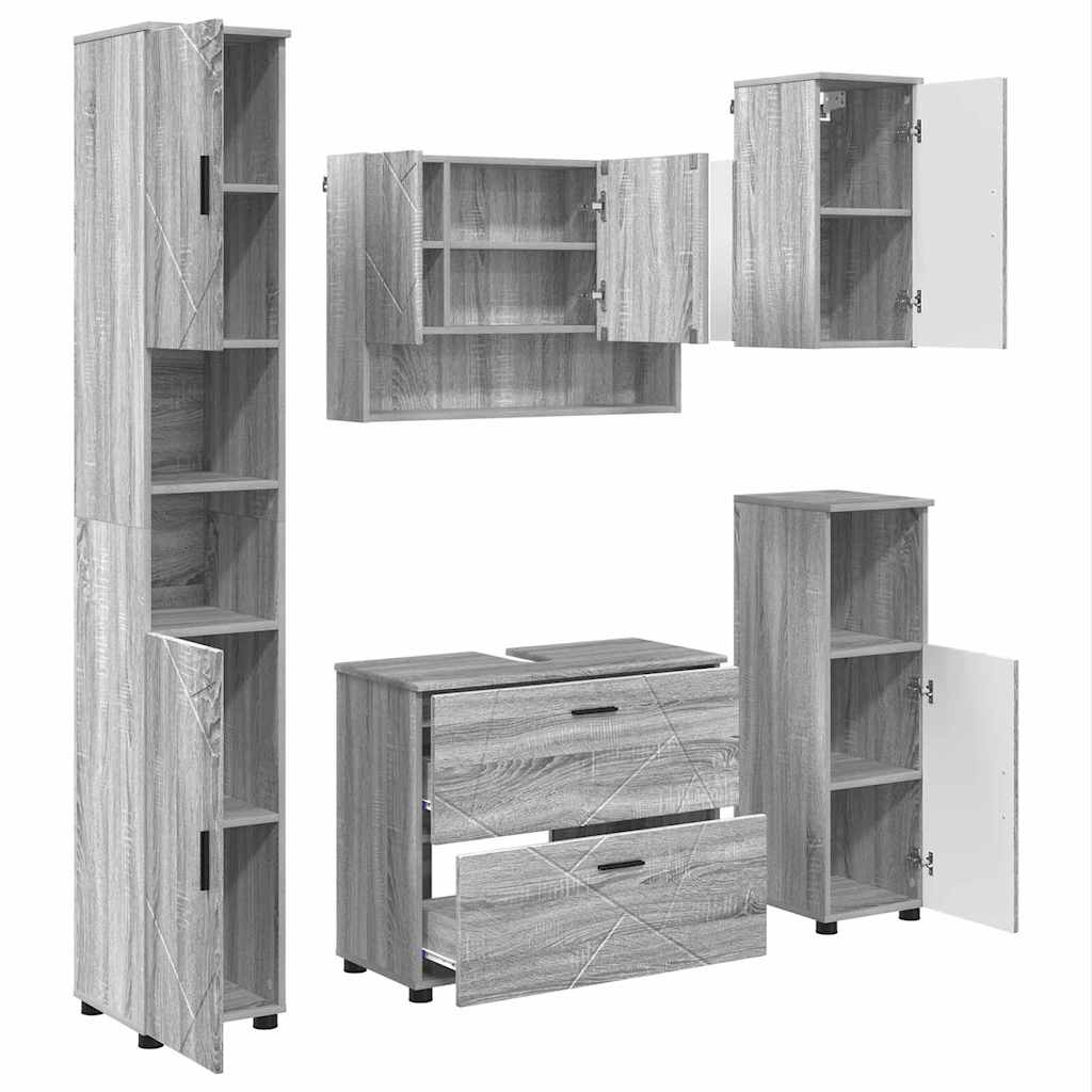 Badezimmermöbel-Set 5 pcs Graues Sonoma Sperrholz und Metall
