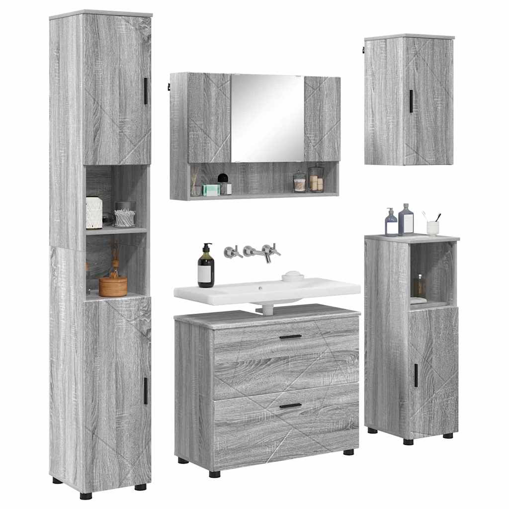 Badezimmermöbel-Set 5 pcs Graues Sonoma Sperrholz und Metall