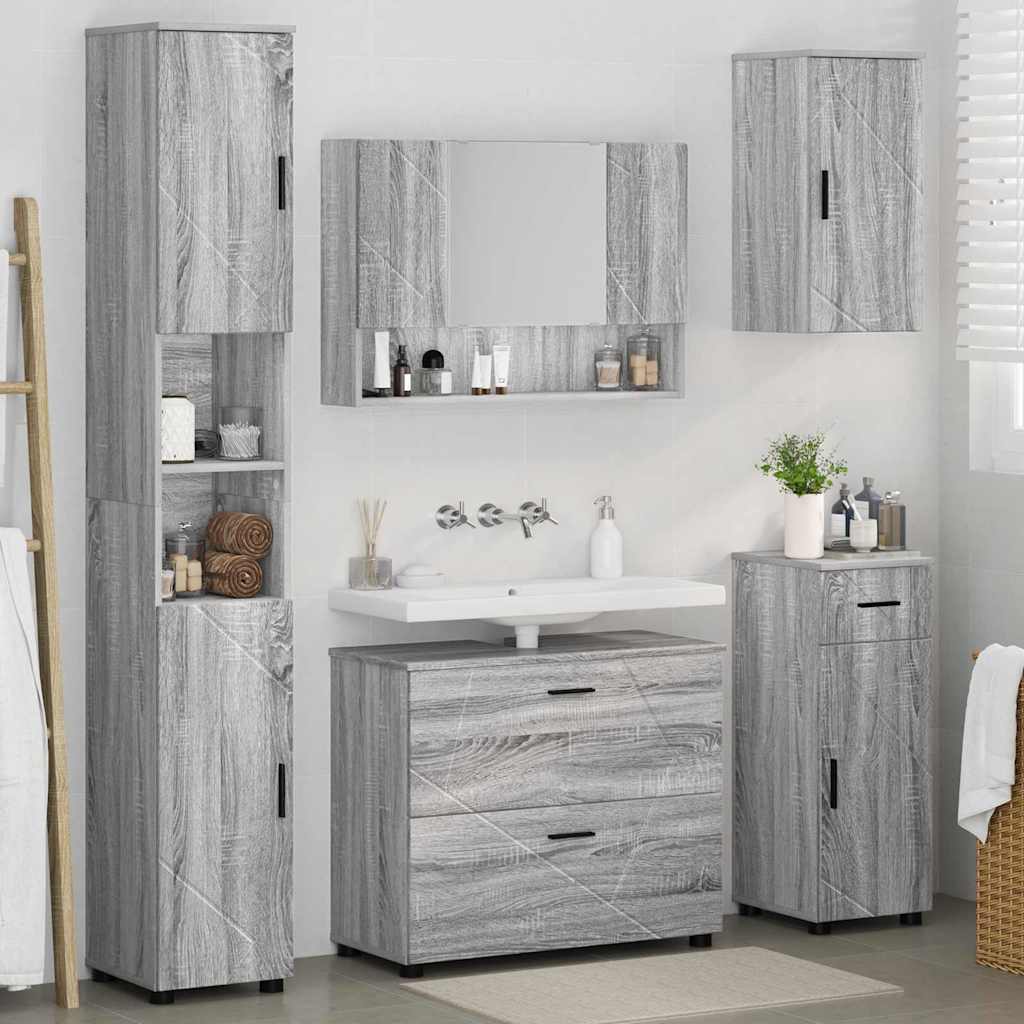 Badezimmermöbel-Set 5 pcs Graues Sonoma Sperrholz und Metall