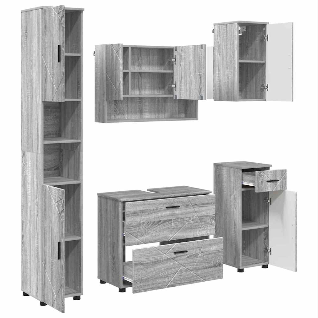 Badezimmermöbel-Set 5 pcs Graues Sonoma Sperrholz und Metall