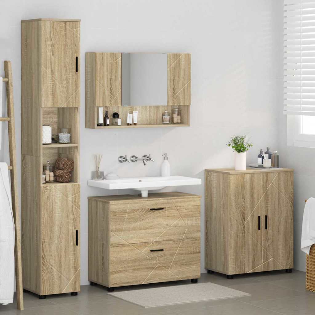 Badezimmermöbel-Set 4 pcs Sonoma-Eiche Sperrholz und Metall