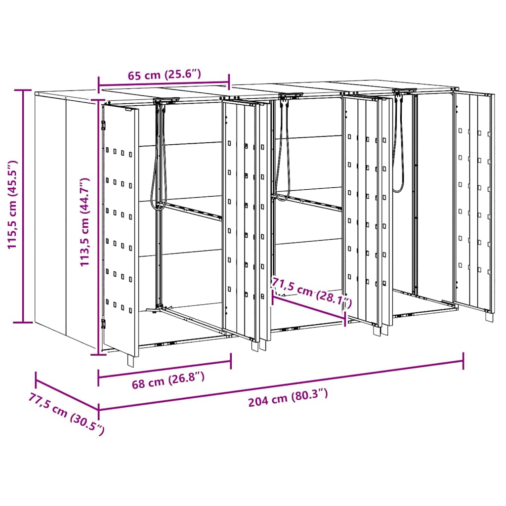 Wagenmüllbehälter für 3 Behälter Silber 204 x 77,5 x 115,5 cm