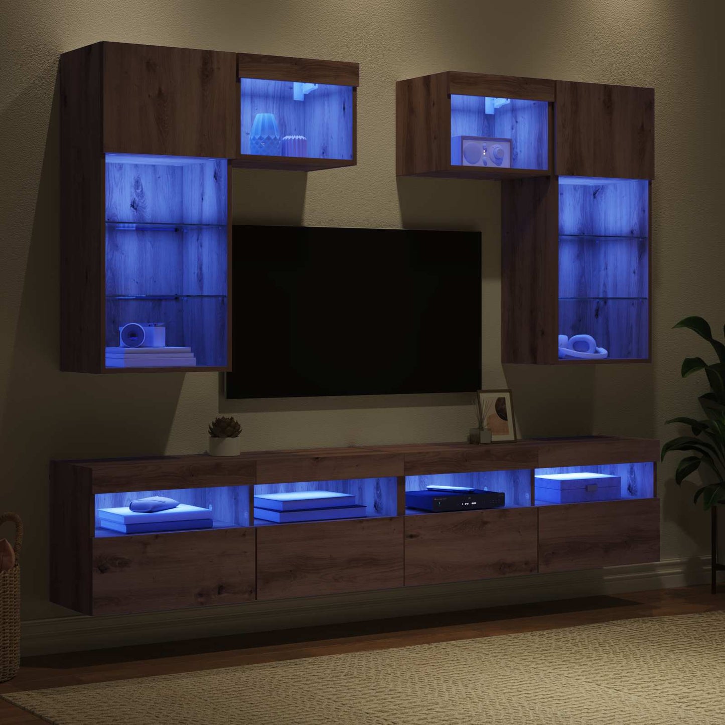 TV-Wandgeräte mit LED-Lichtleisten 6 pcs Altholz Holzwerkstoff