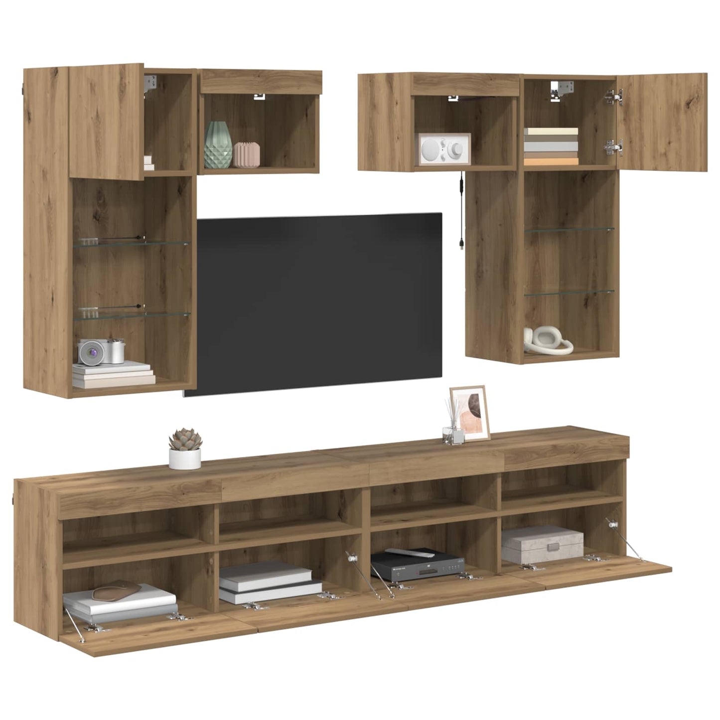 TV-Wandgeräte mit LED-Lichtleisten 6 pcs Altholz Holzwerkstoff