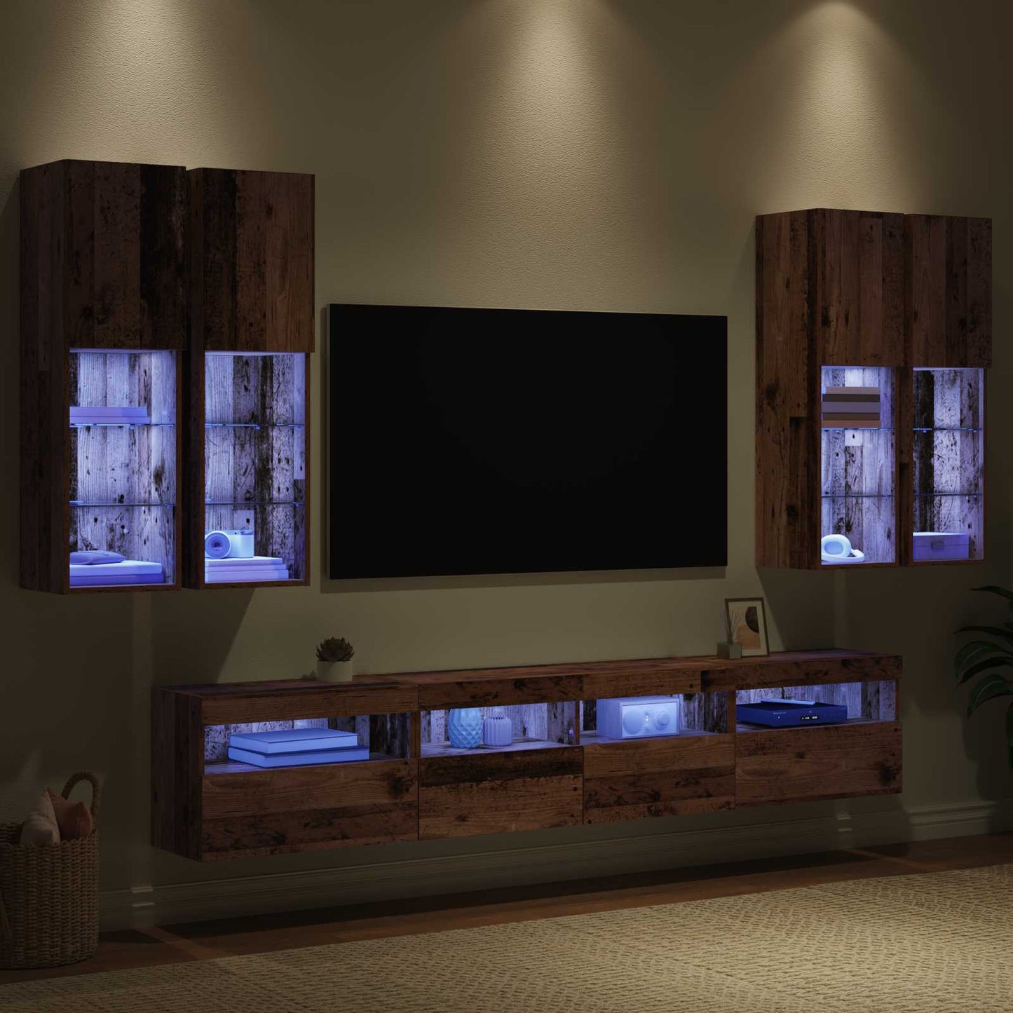 TV-Wandschrank-Set mit LED-Lichtern 7 pcs Altholz Holzwerkstoff