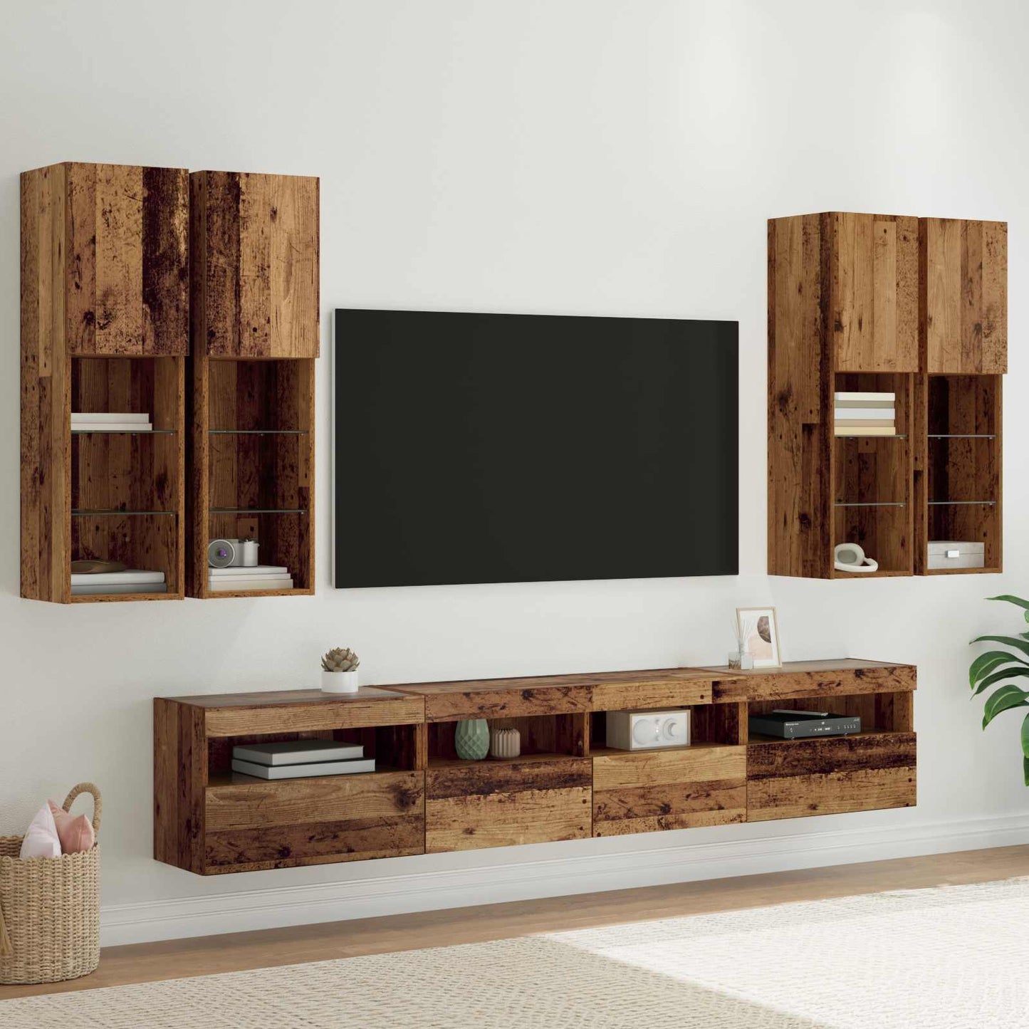 TV-Wandschrank-Set mit LED-Lichtern 7 pcs Altholz Holzwerkstoff