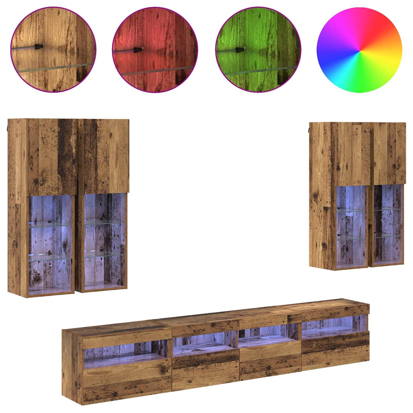 TV-Wandschrank-Set mit LED-Lichtern 7 pcs Altholz Holzwerkstoff