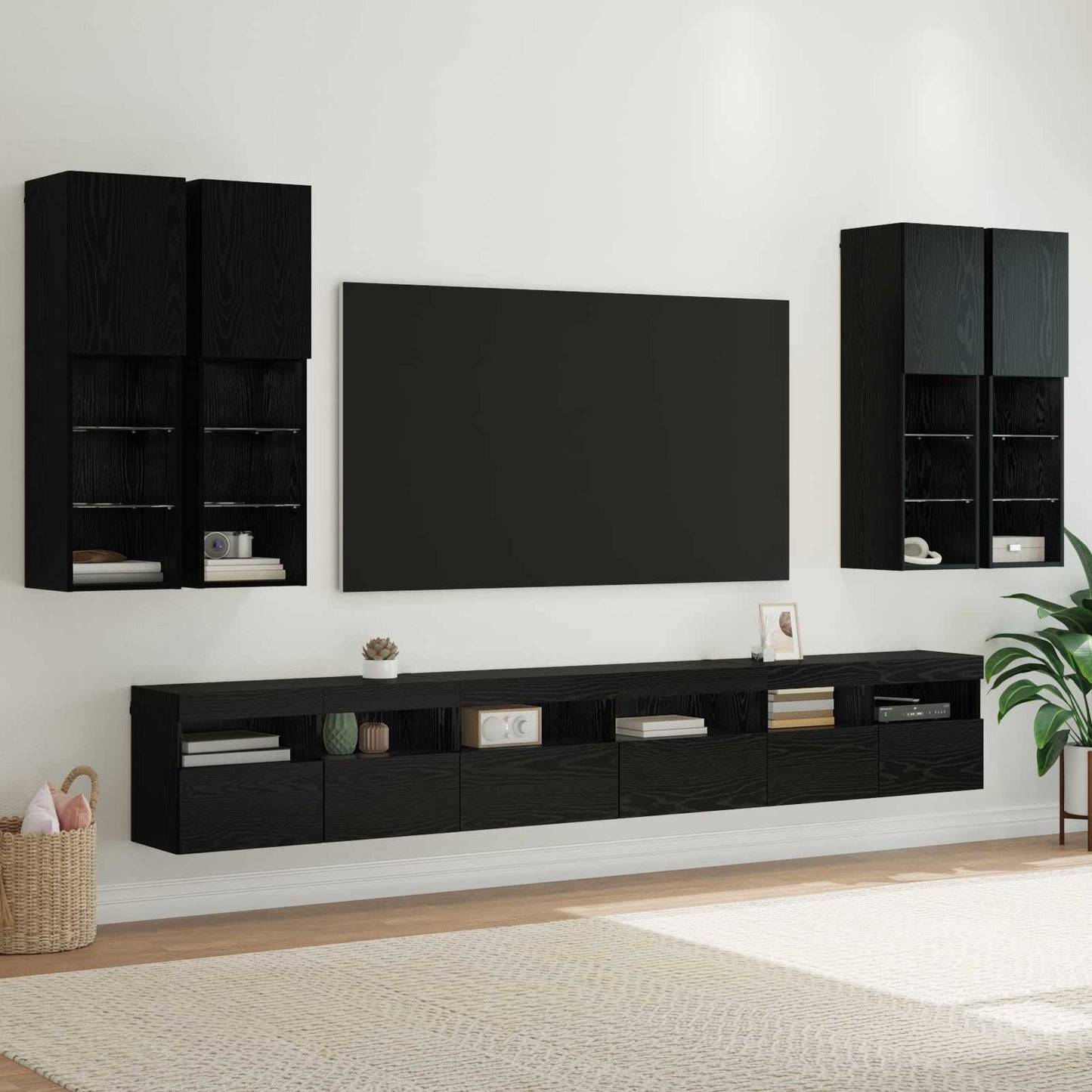 TV-Wandregal-Set 7 pcs Schwarz Eichen-Optik Holzwerkstoff
