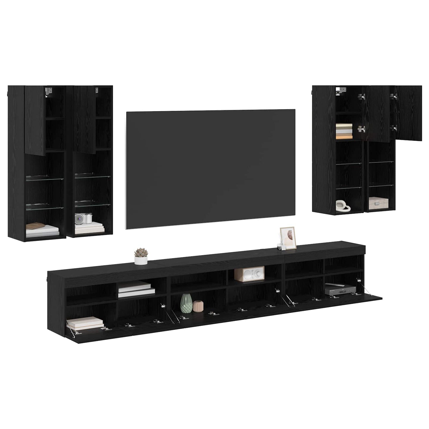 TV-Wandregal-Set 7 pcs Schwarz Eichen-Optik Holzwerkstoff