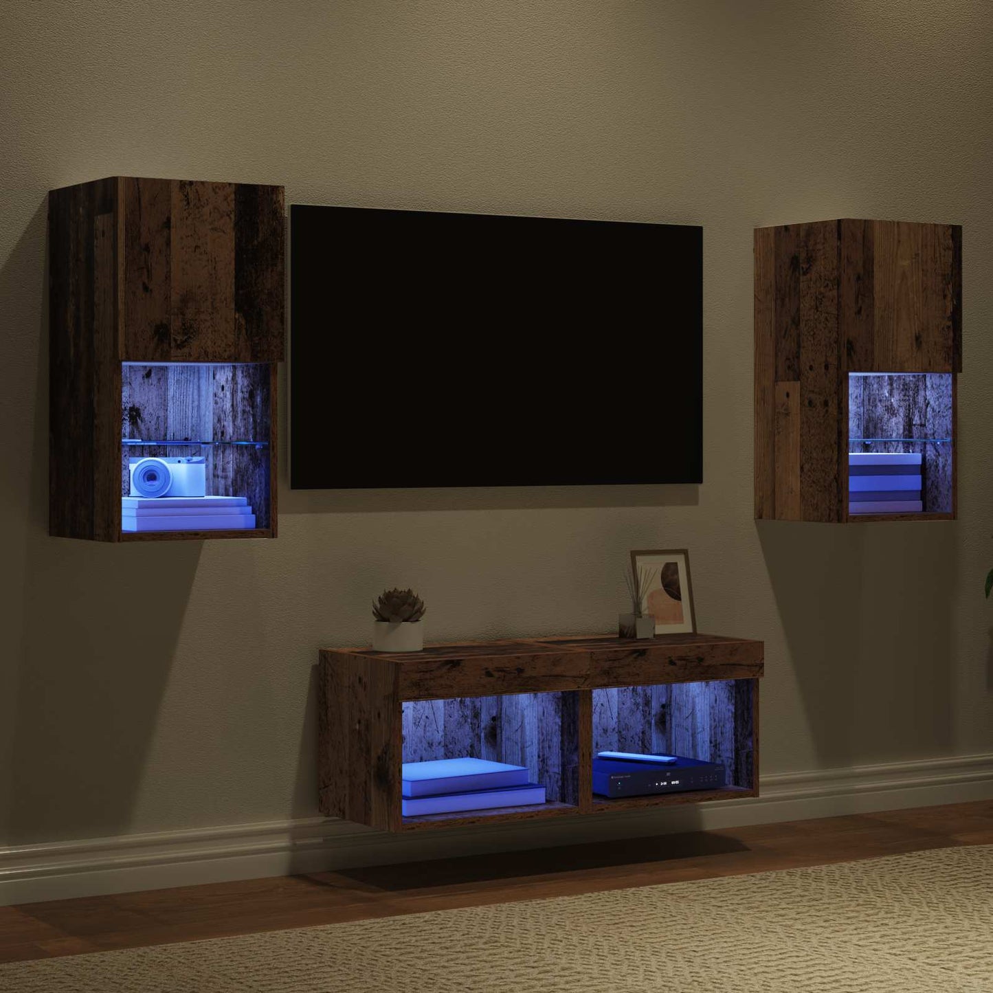 TV-Wandregale mit LED-Lichtleisten 4 pcs Altholz Holzwerkstoff