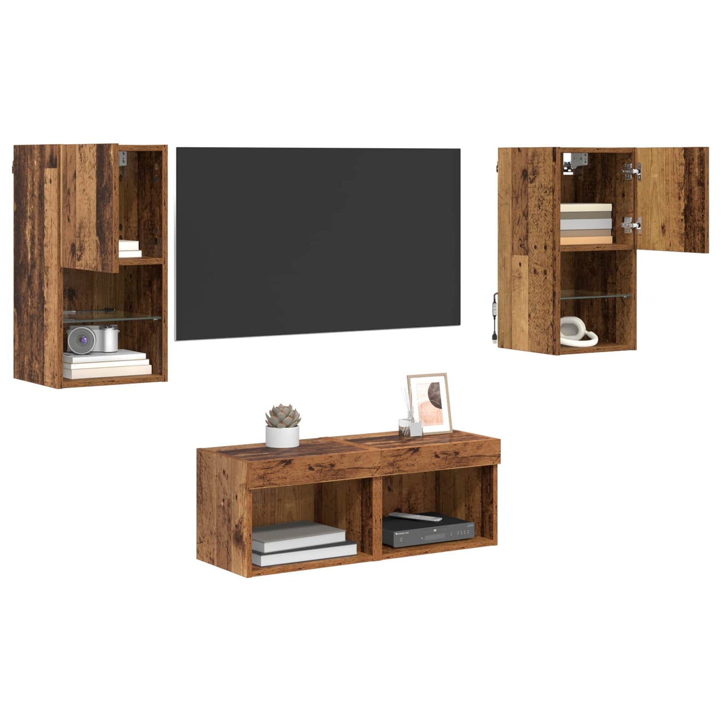 TV-Wandregale mit LED-Lichtleisten 4 pcs Altholz Holzwerkstoff