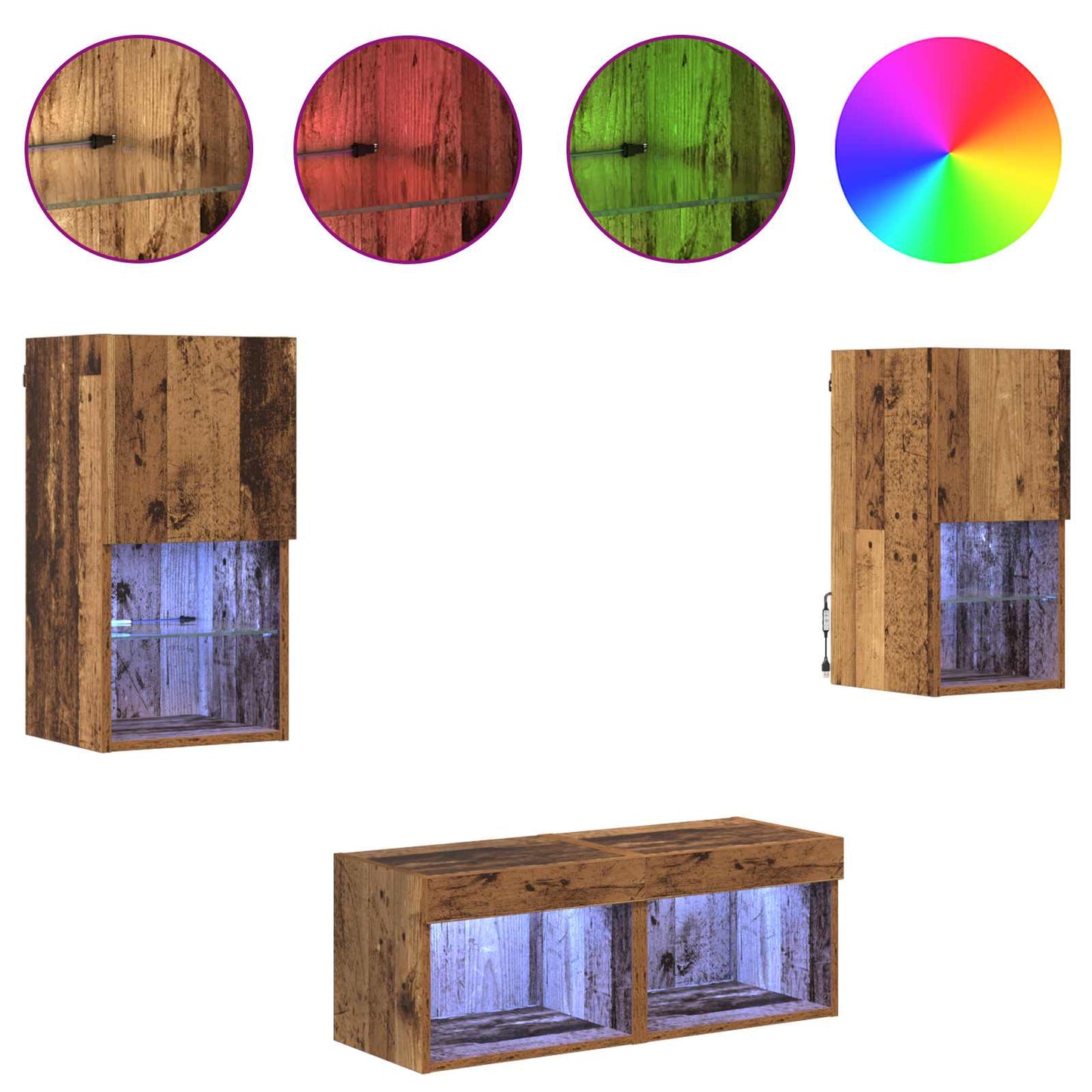 TV-Wandregale mit LED-Lichtleisten 4 pcs Altholz Holzwerkstoff