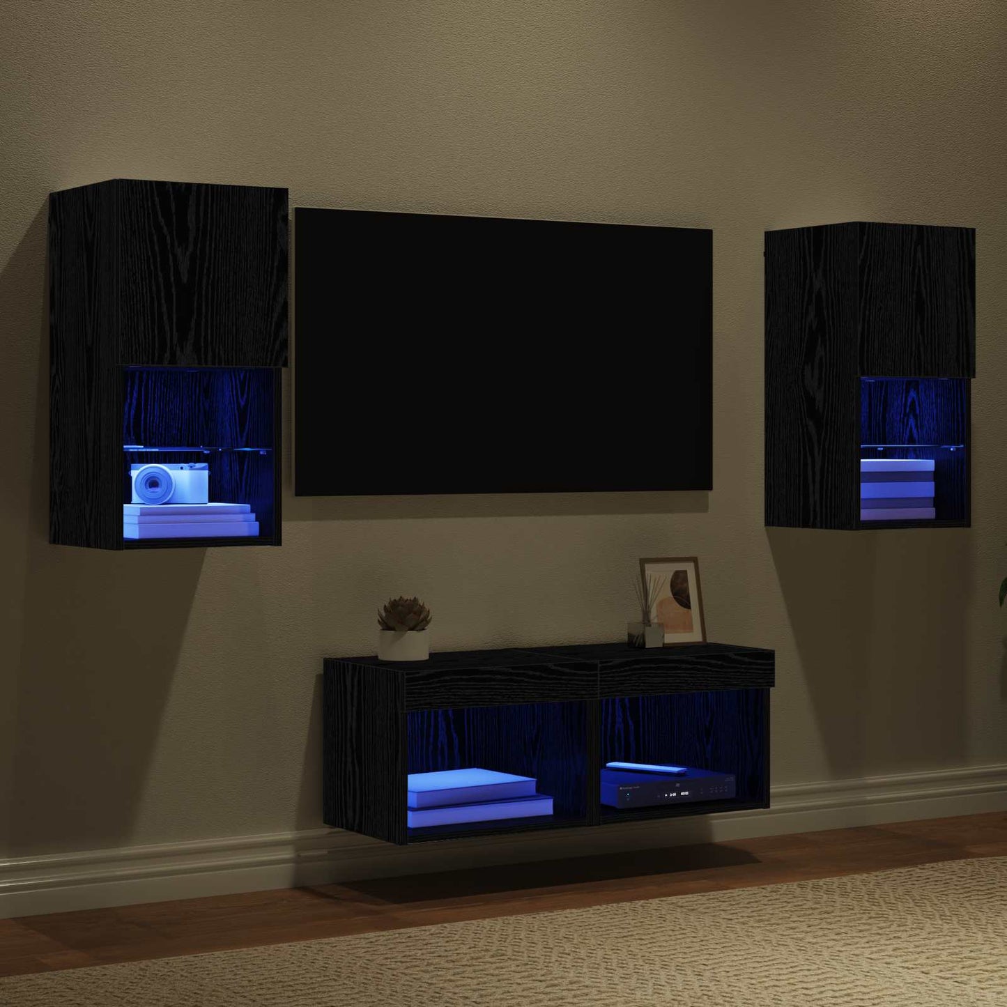 TV-Wandregale 4 pcs Schwarz Eichen-Optik Holzwerkstoff