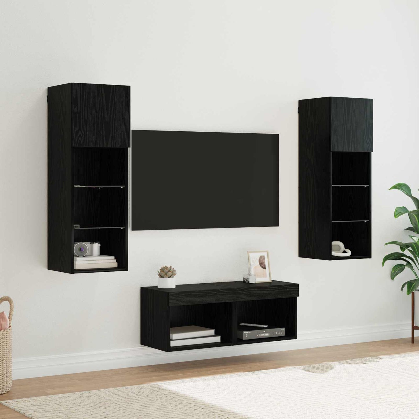 TV-Wandregale 4 pcs Schwarz Eichen-Optik Holzwerkstoff