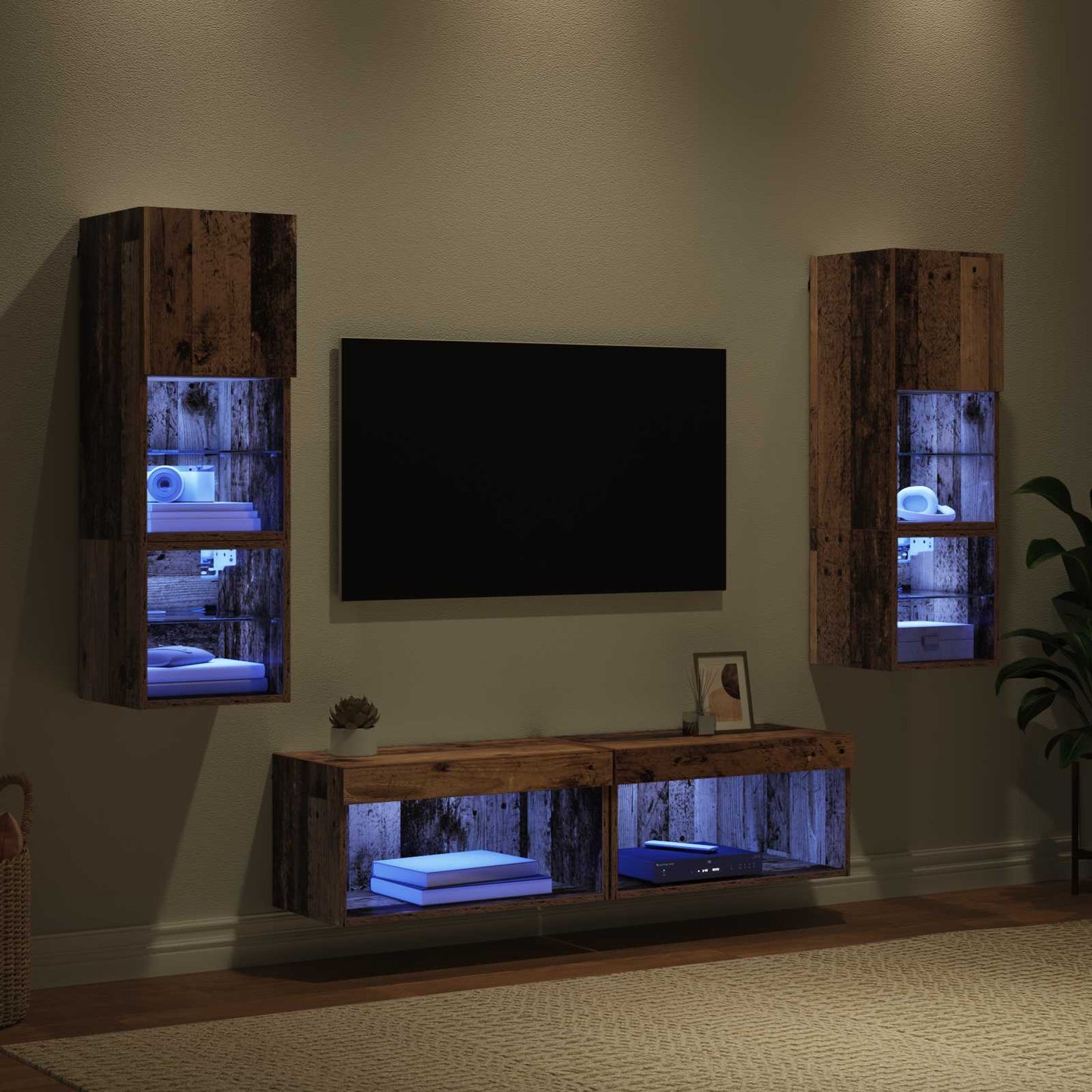 TV-Wandmöbel mit LED-Lichtleisten 6 pcs Altholz Holzwerkstoff