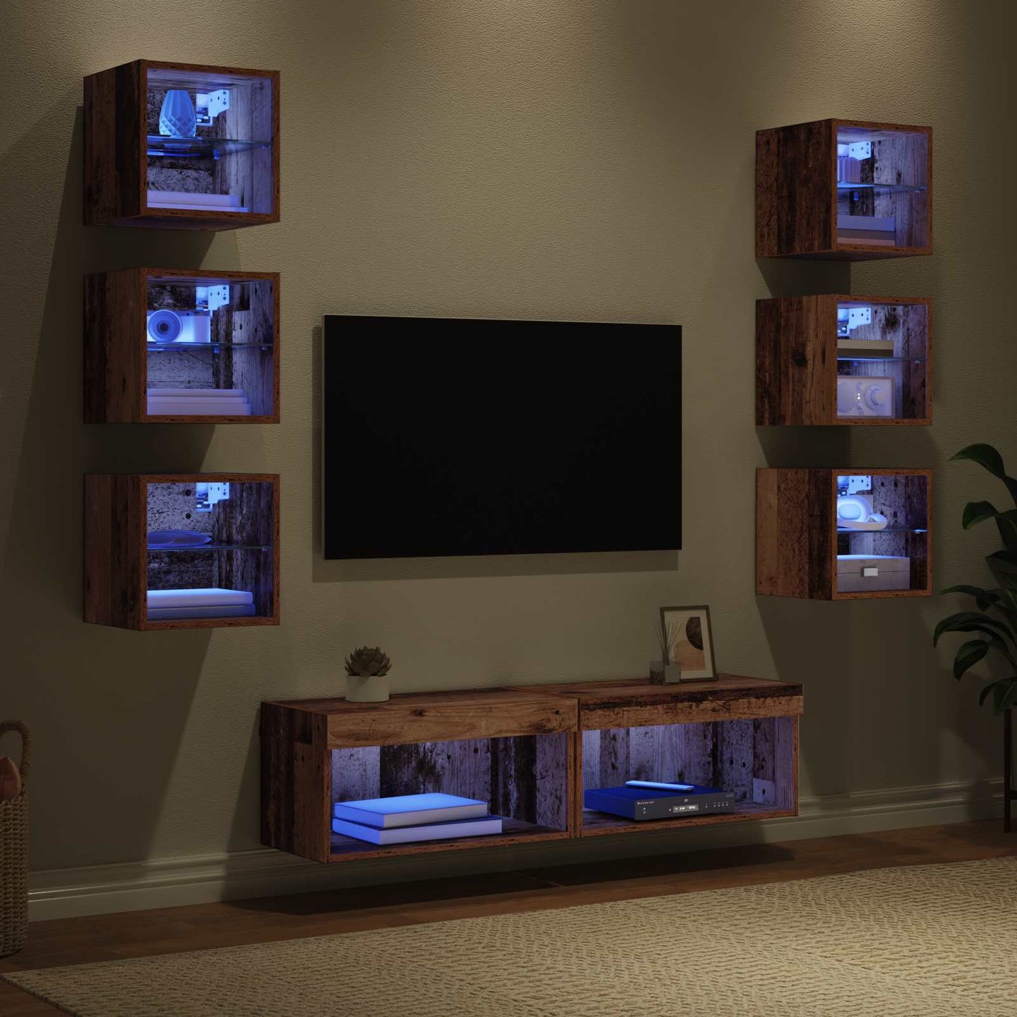 TV-Schränk mit LED-Lichtleisten Wandmontiert 8 pcs Altholz Glas