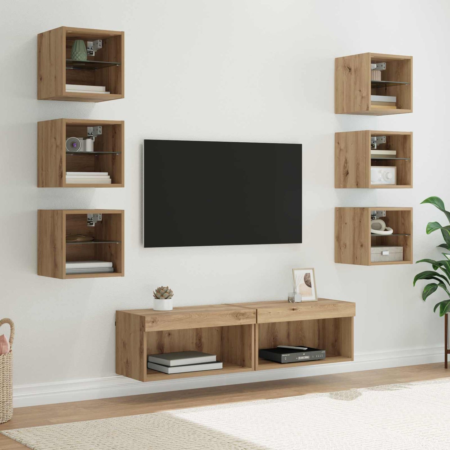 TV-Schränk mit LED-Lichtleisten 8 pcs Artisan-Eiche Glas