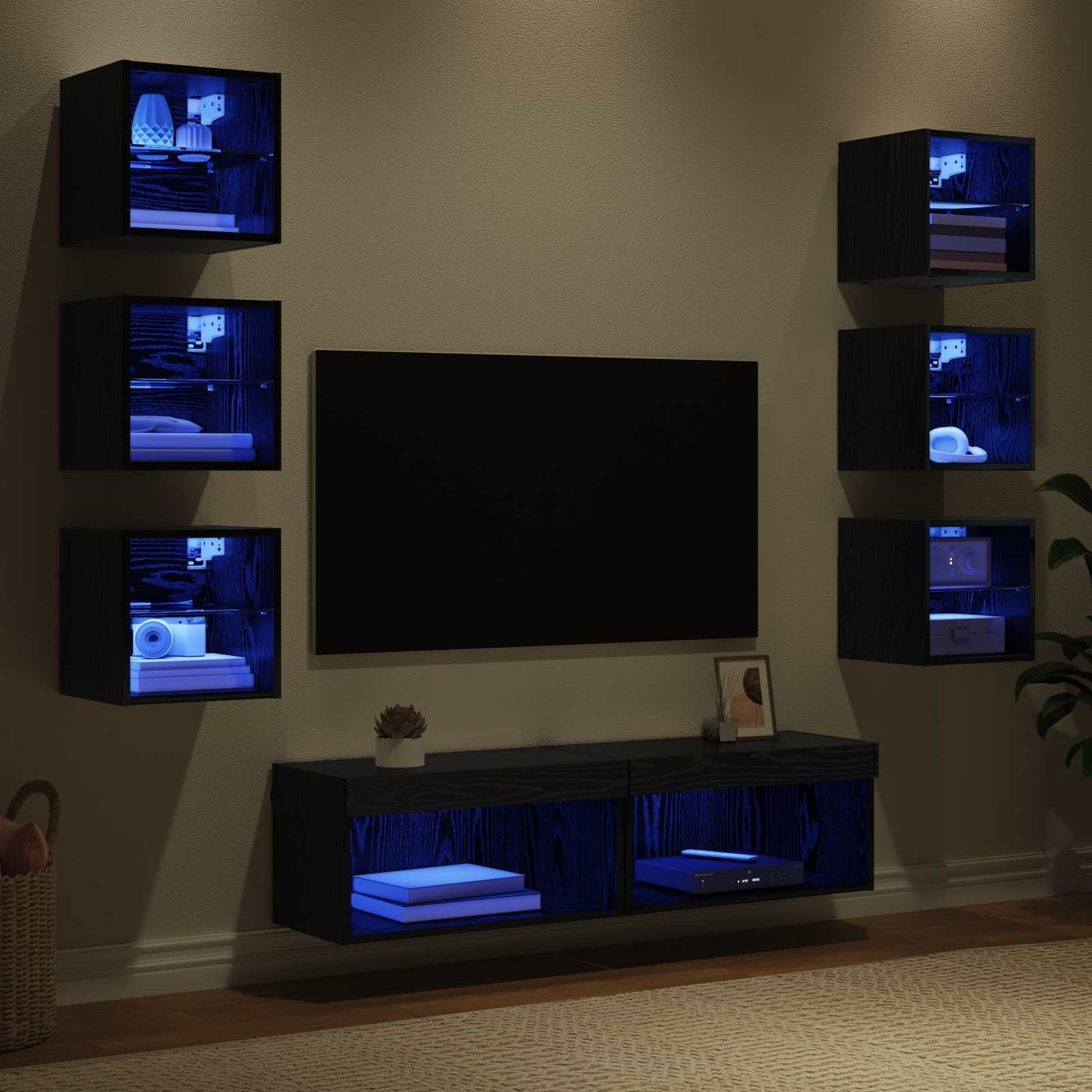 TV-Schränk mit LED-Lichtleisten 8 pcs Schwarz Eichen-Optik Glas