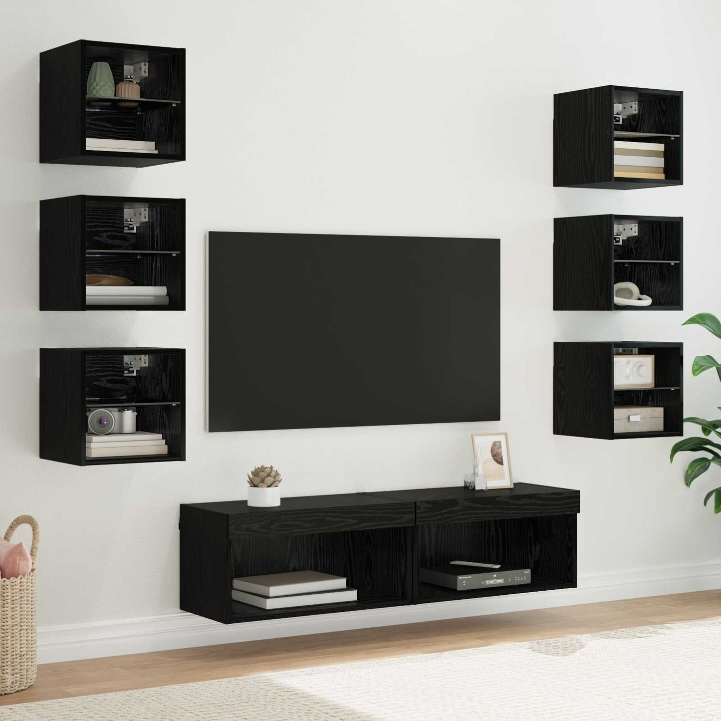TV-Schränk mit LED-Lichtleisten 8 pcs Schwarz Eichen-Optik Glas