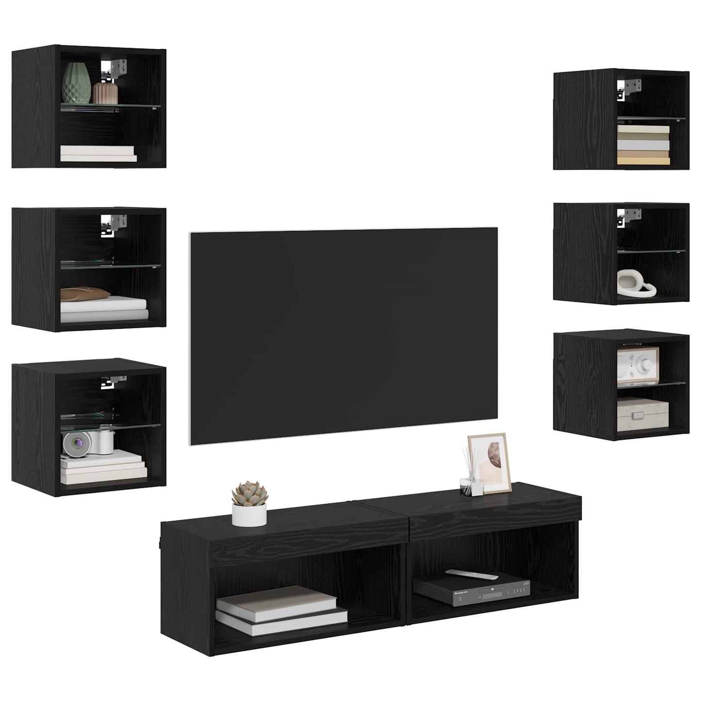 TV-Schränk mit LED-Lichtleisten 8 pcs Schwarz Eichen-Optik Glas