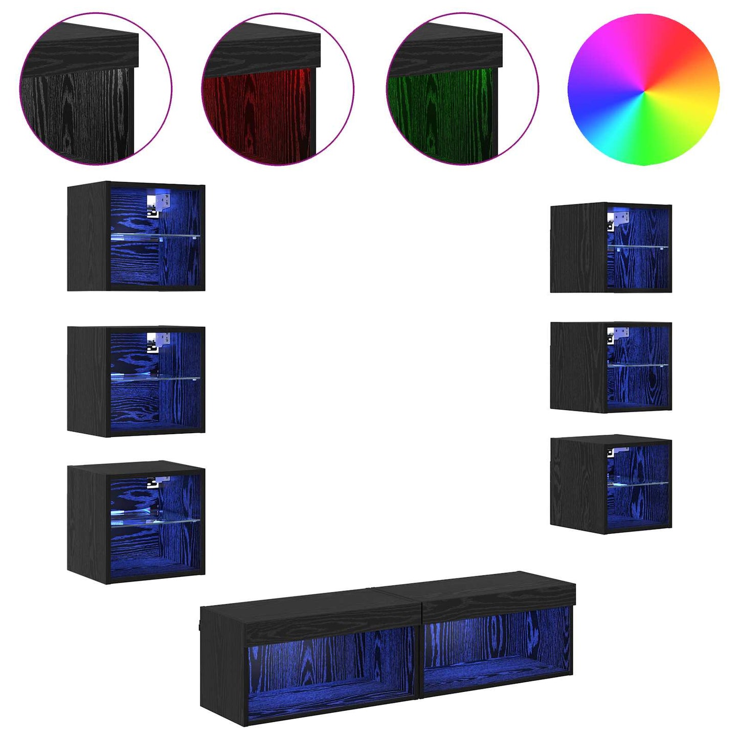 TV-Schränk mit LED-Lichtleisten 8 pcs Schwarz Eichen-Optik Glas
