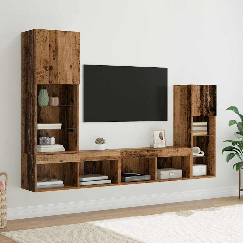 TV-Wandgeräte mit LED-Lichtleisten 4 pcs Altholz Holzwerkstoff