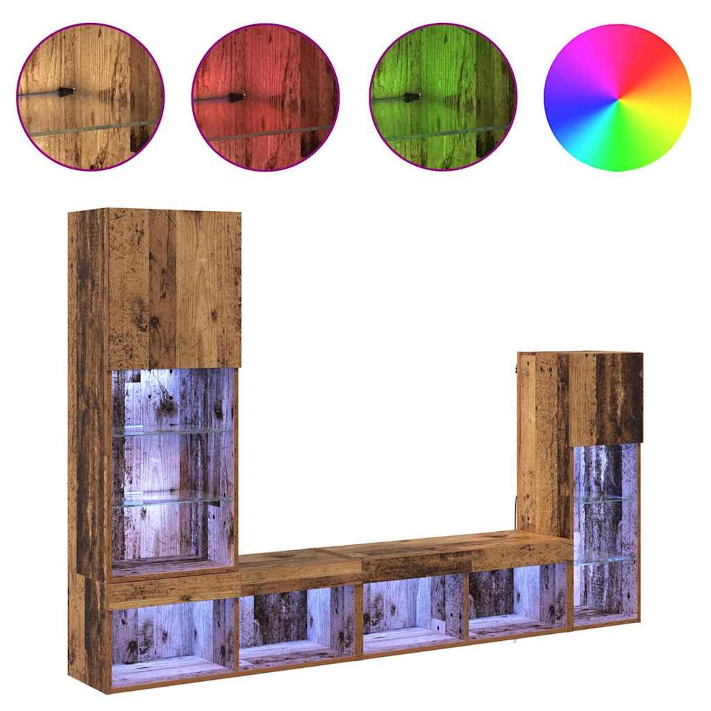 TV-Wandgeräte mit LED-Lichtleisten 4 pcs Altholz Holzwerkstoff