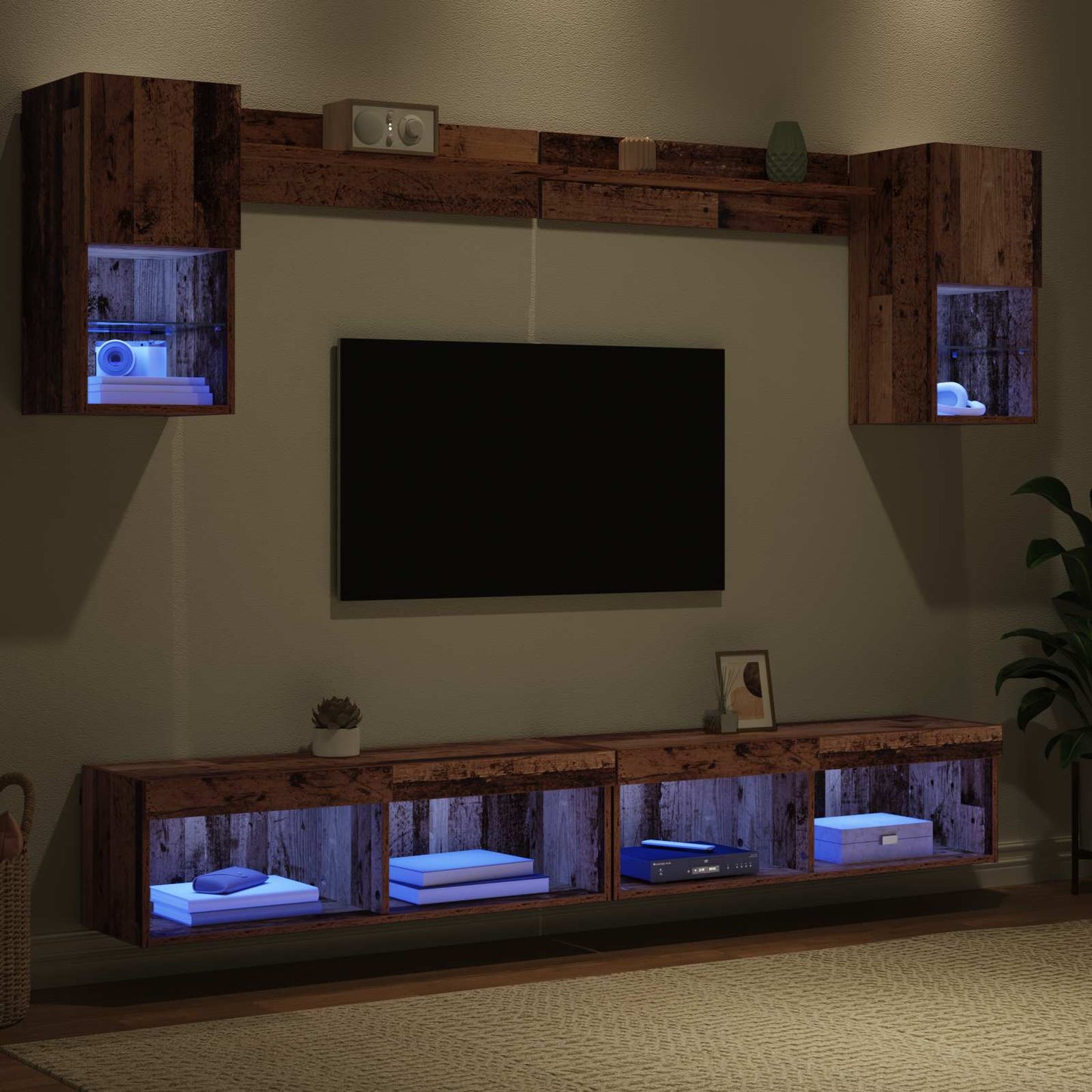 TV Wand Einheiten mit LED mit LED 6 pcs Altholz Holzwerkstoff