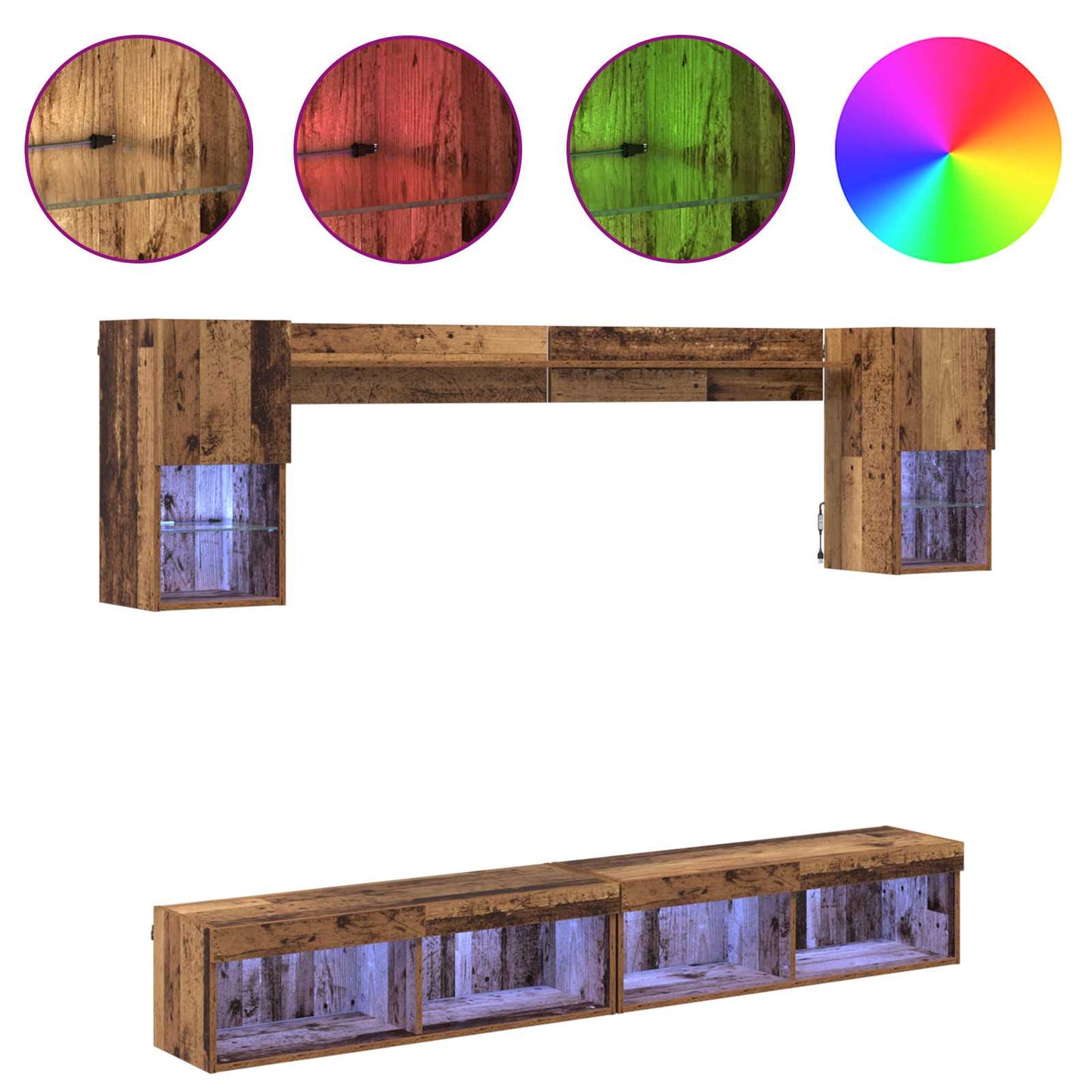 TV Wand Einheiten mit LED mit LED 6 pcs Altholz Holzwerkstoff
