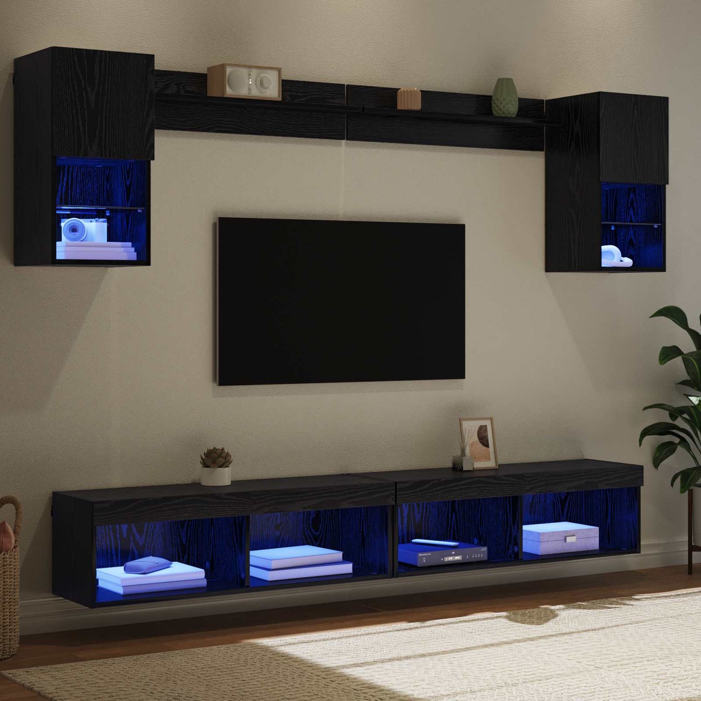 TV Wand Einheiten mit LED mit LED 6 pcs Schwarz Eichen-Optik