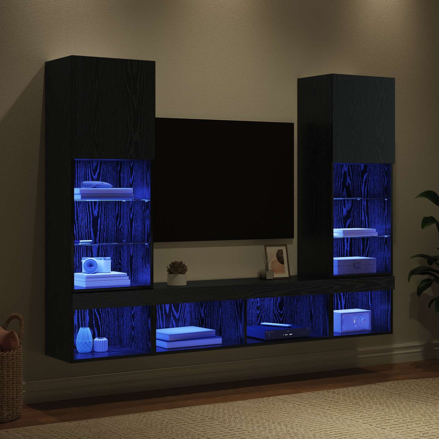 TV Wand Einheiten mit LED mit LED 5 pcs Schwarz Eichen-Optik