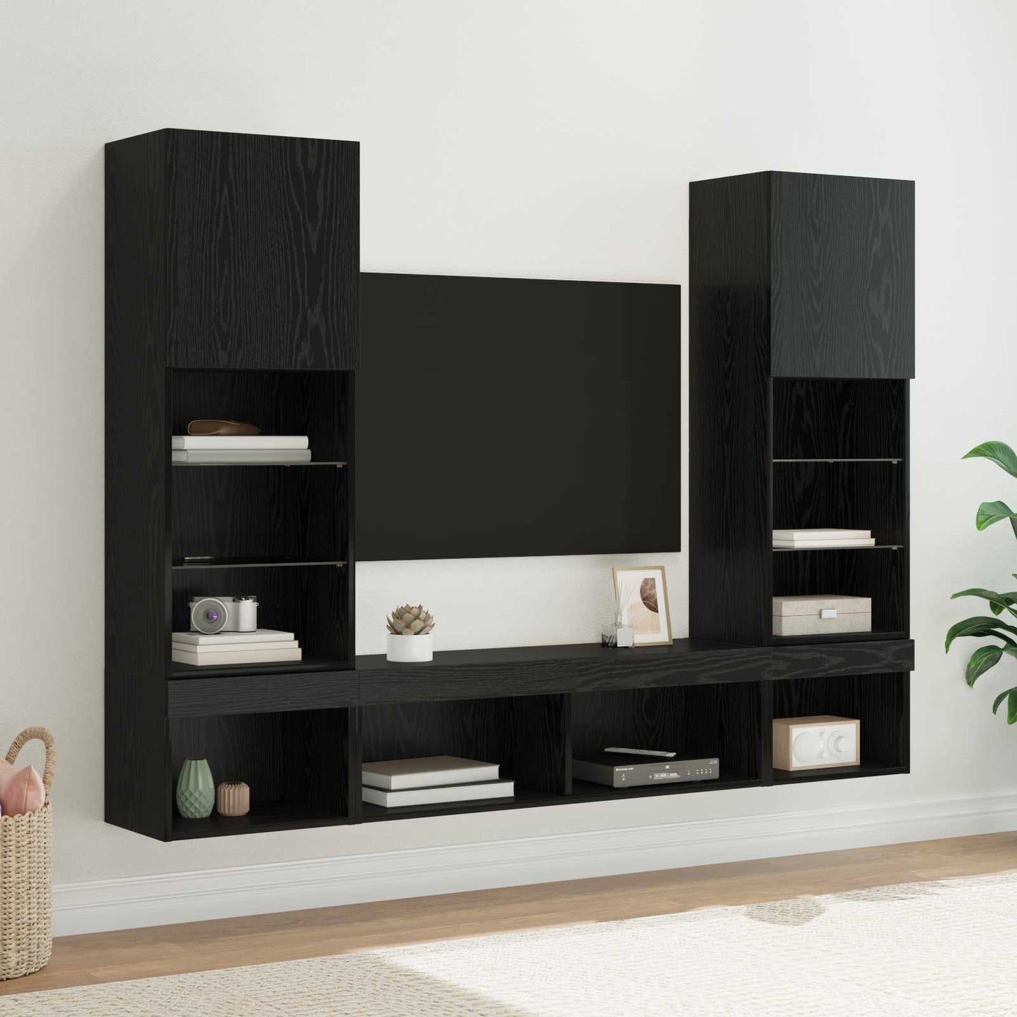 TV Wand Einheiten mit LED mit LED 5 pcs Schwarz Eichen-Optik