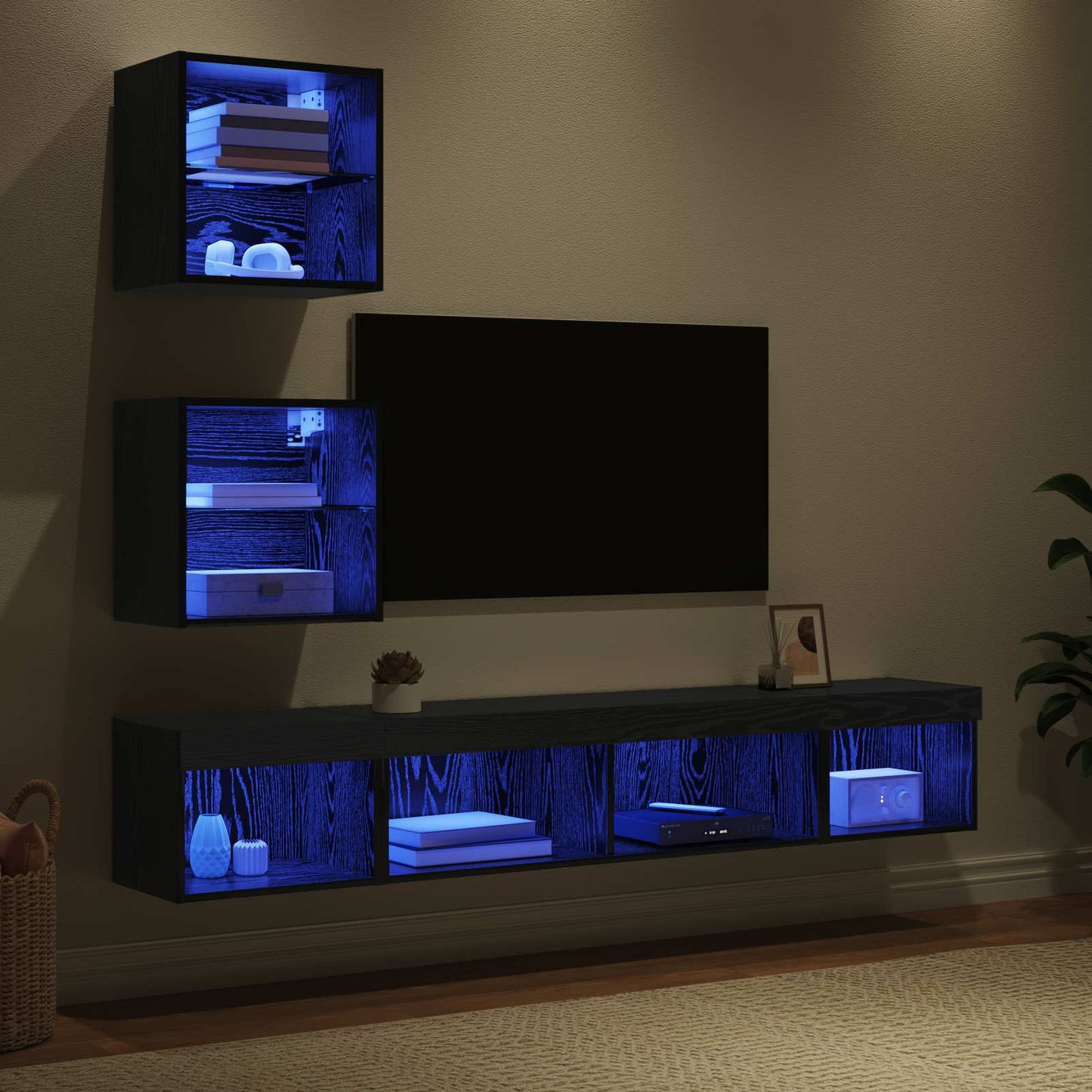 TV Wand Einheiten mit LED mit LED 5 pcs Schwarz Eichen-Optik
